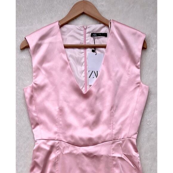NWT Zara Pink Satin Effect Sleeveless V-Neck Short Mini Dress, Size Medium - Picture 8 of 15